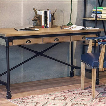 47" Retro Industrial Rolling Desk Pine Wood Mobile Office Desk with 3 Drawers-Desks,Furniture,Office Furniture